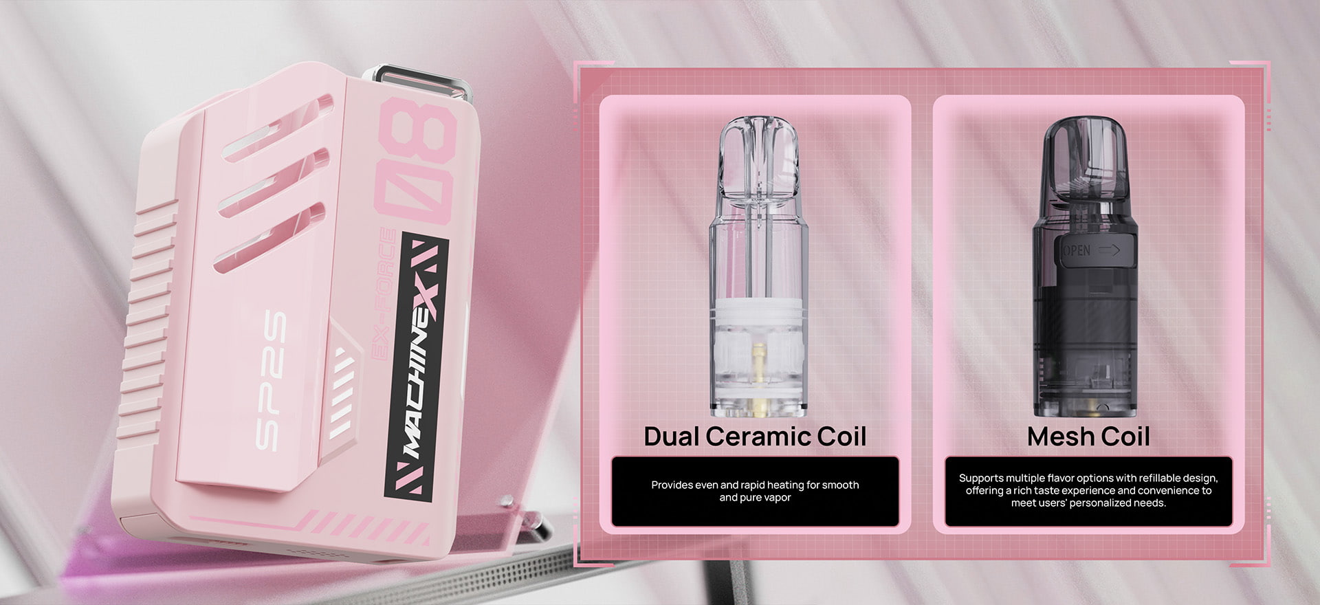 SP2S Machine X Pod System is Equipped With a Dual Ceramic Coil and Refillable Pod
