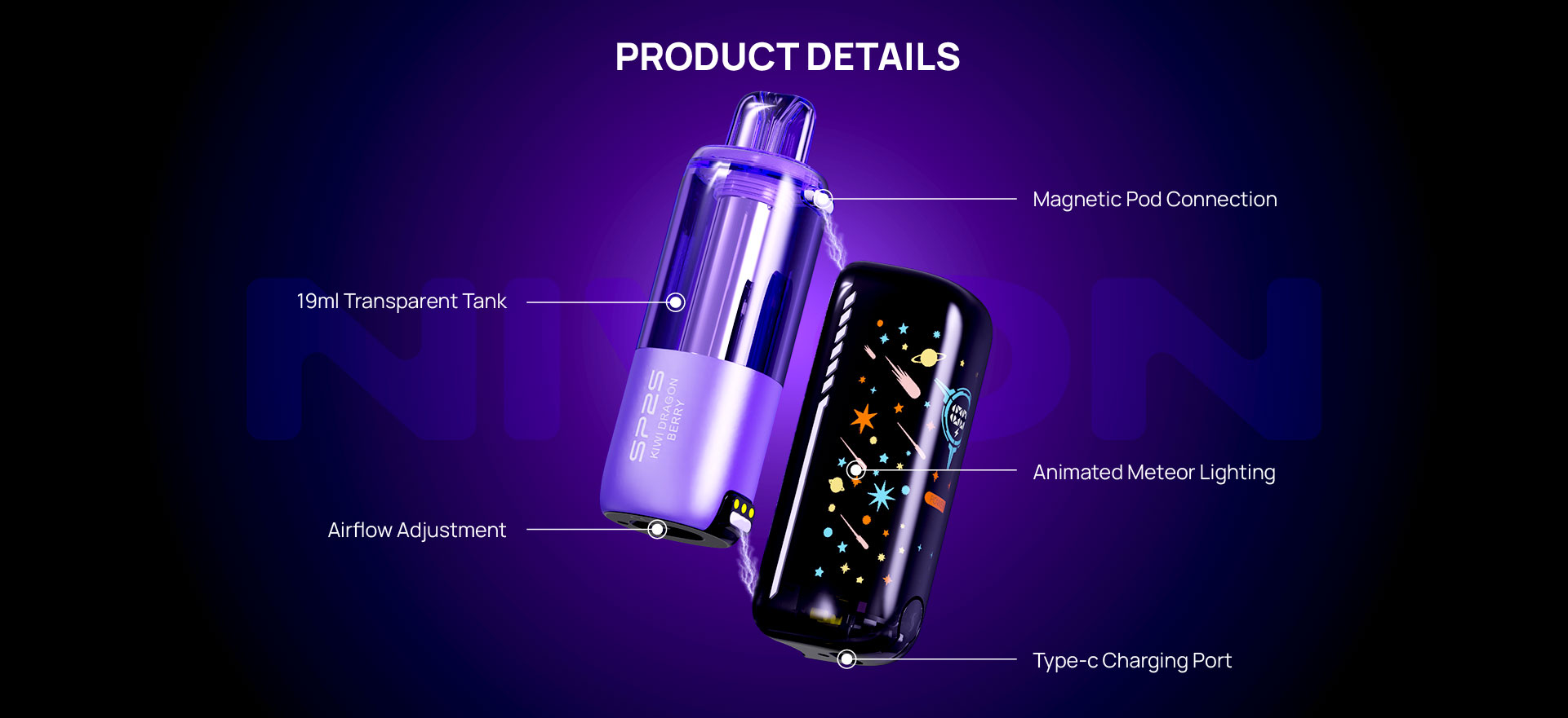 SP2S NIVON product details showing the tank, magnetic pod connection, airflow, animated meteor lighting and Type-C port