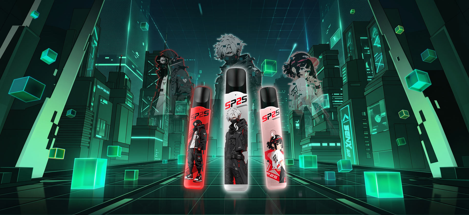  SP2S SENX AIR pod system kit cyberpunk banner featuring three device designs