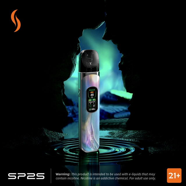 SP2S URANUS Pod System with 1000mAh long-lasting battery, 0.96″ dual-sided LCD, and Two different resistance atomizer cartridges.