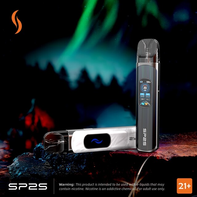 SP2S URANUS Pod System with 1000mAh long-lasting battery, 0.96″ dual-sided LCD, and Two different resistance atomizer cartridges.