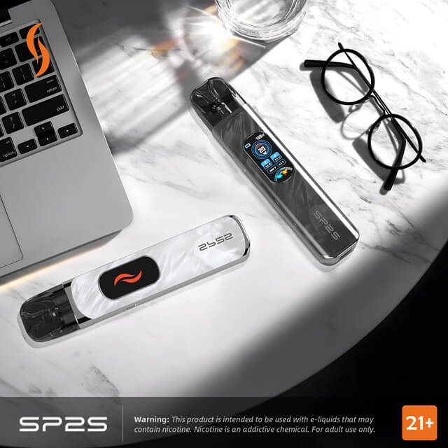 SP2S URANUS Pod System with 1000mAh long-lasting battery, 0.96″ dual-sided LCD, and Two different resistance atomizer cartridges.