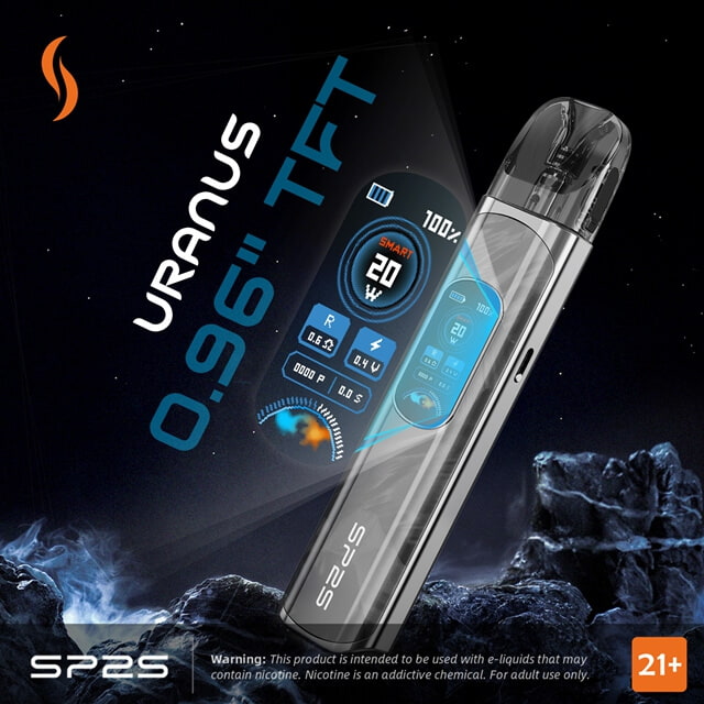 SP2S URANUS Pod System with 1000mAh long-lasting battery, 0.96″ dual-sided LCD, and Two different resistance atomizer cartridges.