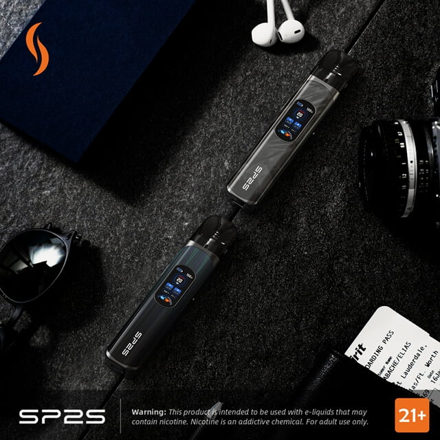 SP2S URANUS Pod System with 1000mAh long-lasting battery, 0.96″ dual-sided LCD, and Two different resistance atomizer cartridges.