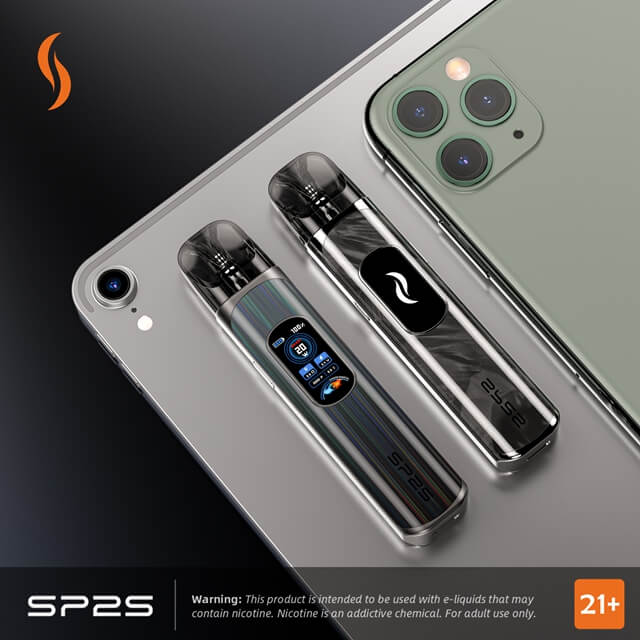 SP2S URANUS Pod System with 1000mAh long-lasting battery, 0.96″ dual-sided LCD, and Two different resistance atomizer cartridges.