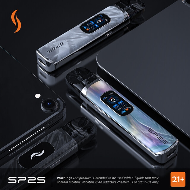 SP2S URANUS Pod System with 1000mAh long-lasting battery, 0.96″ dual-sided LCD, and Two different resistance atomizer cartridges.